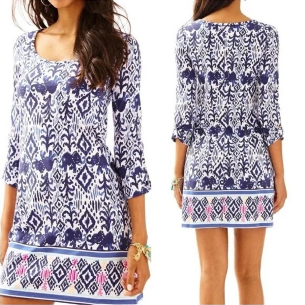 Lilly Pulitzer Ocean Ridge Dress  "Tons of Fun" Elephant Print Blue and White